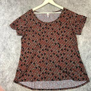 LuLaRoe Top 2X Short Sleeve High Low Black Red Geo Print Jersey Knit Casual